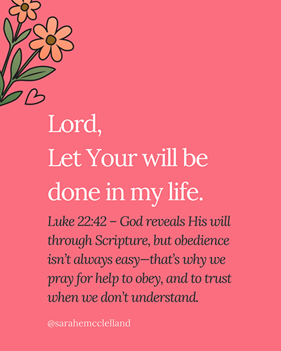 Lord, let Your will be done in my life.

Luke 22:42 – God reveals His will through Scripture, but obedience isn’t always easy—that’s why we pray for help to obey, and to trust when we don’t understand.